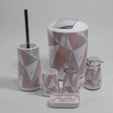 Ensemble d'accessoires salle de bain en plastique parfait pour une salle de bain Chic et moderne.  Composition : - Porte Savon - Distributeur Savon liquide - Porte Brosse à Dents - Porte Accessoires - Poubelle de Salle de Bain - Porte Balai WC
