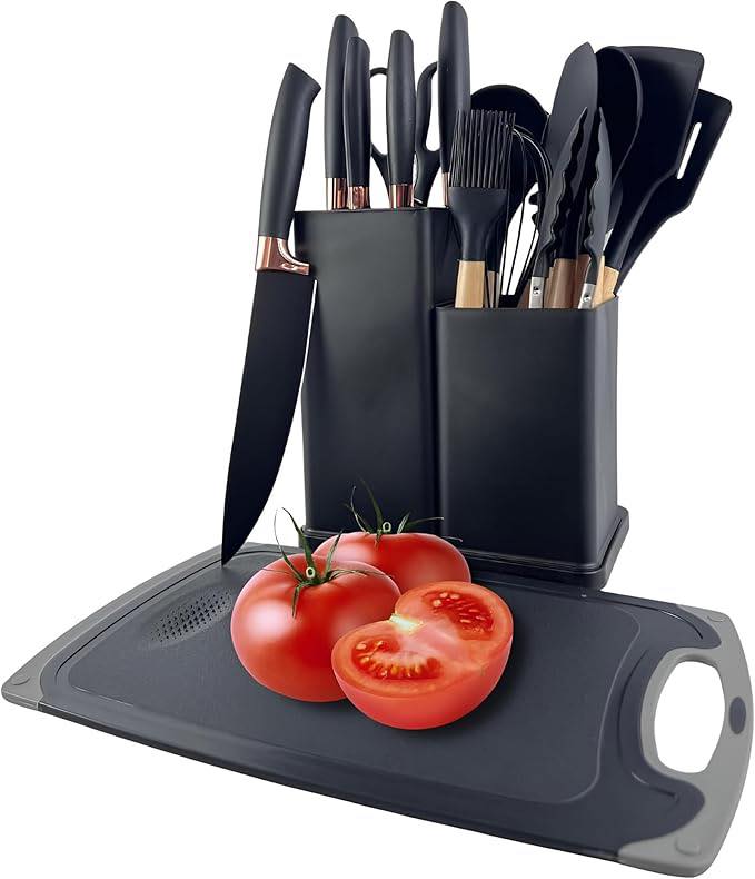 Set D'ustensiles De Cuisine 19 Pièces En Silicone - Noir Nombre de Pièces : 19 Couleur : Noir Matériau des Ustensiles : -Têtes : Silicone de qualité alimentaire -Manches : Noyau en acier inoxydable recouvert de silicone Compatibilité avec le Lave-vaisselle : Oui Résistance à la Chaleur : Jusqu'à 230°C (446°F) Sans BPA : Oui Nettoyage : Facilement lavable à la main ou au lave-vaisselle.